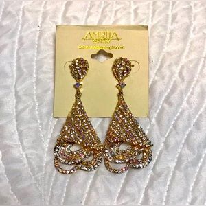 NWT-Amrita Singh Gold-Tone & Clear, Iridescent Rhinestone Chandelier Earrings